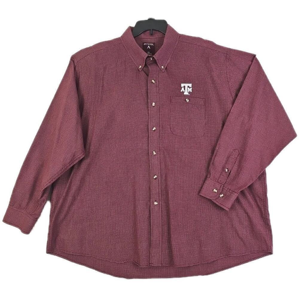 Antigua ~Men's XXL/TTG~Burgundy/White Plaid Dress Shirt "Taxas A&M" Long Sleeve.